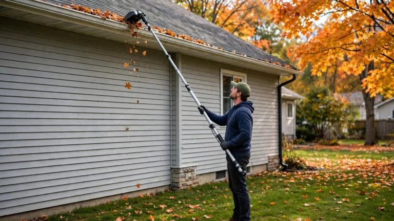 Homeowner cleaning gutters from the ground with a telescopic pole in Green Bay, WI