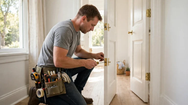 Handyman tightening the hinge screws on a sticking interior door in Green Bay, WI