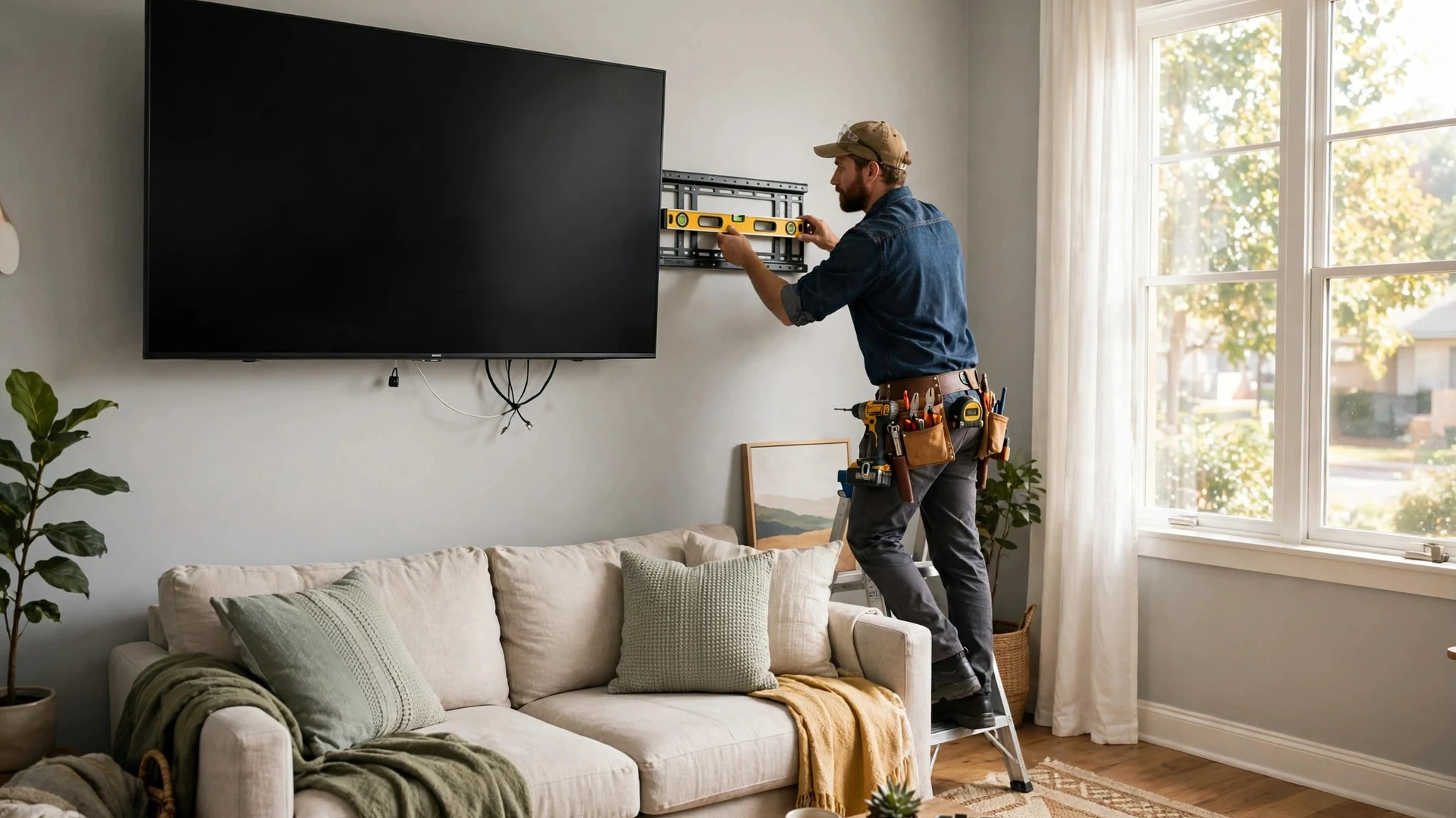 Handyman mounting a flat-screen TV on a living room wall in Green Bay, WI